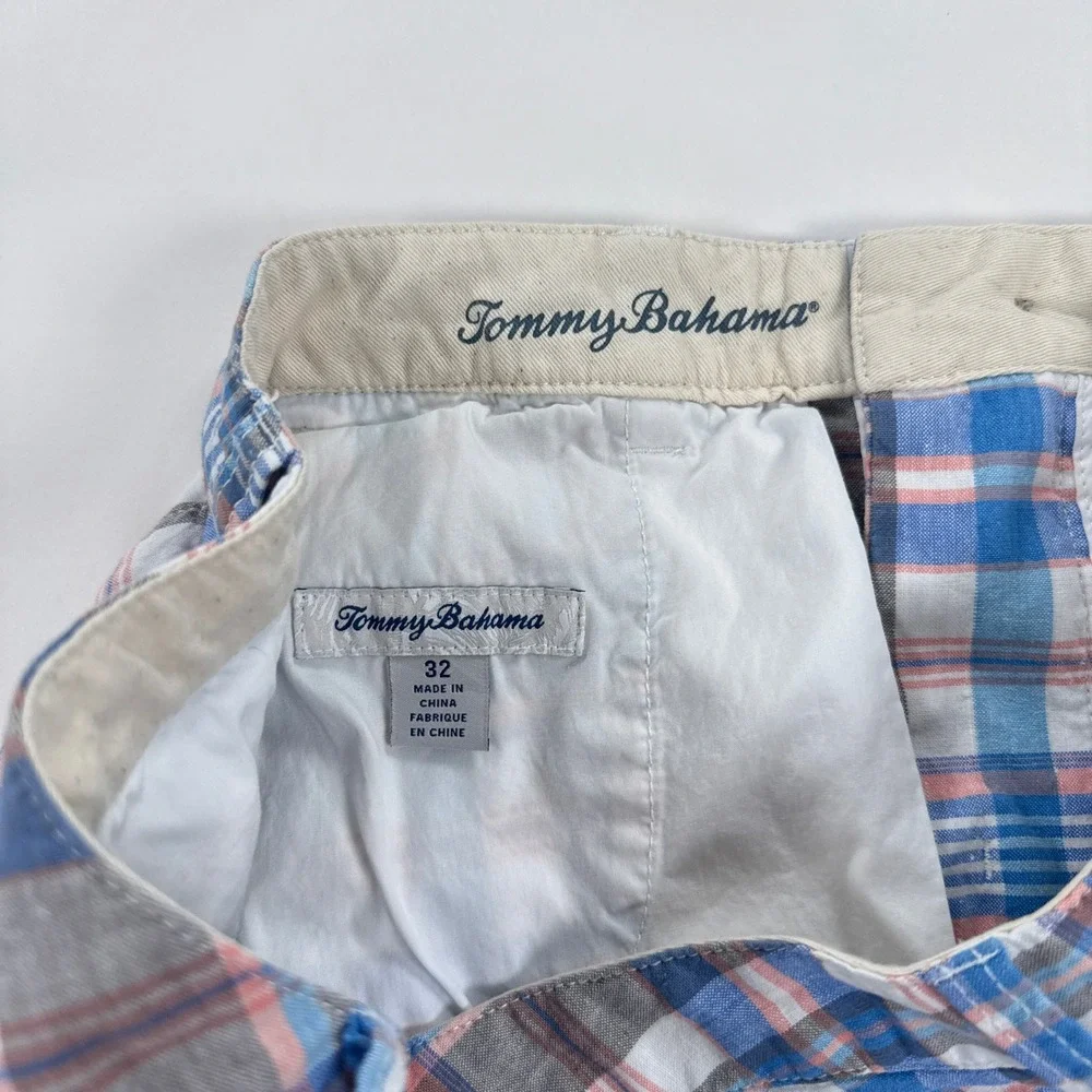 Tommy Bahama Mens Shorts 32 Blue Pink Plaid Linen Blend Flat Front Coastal